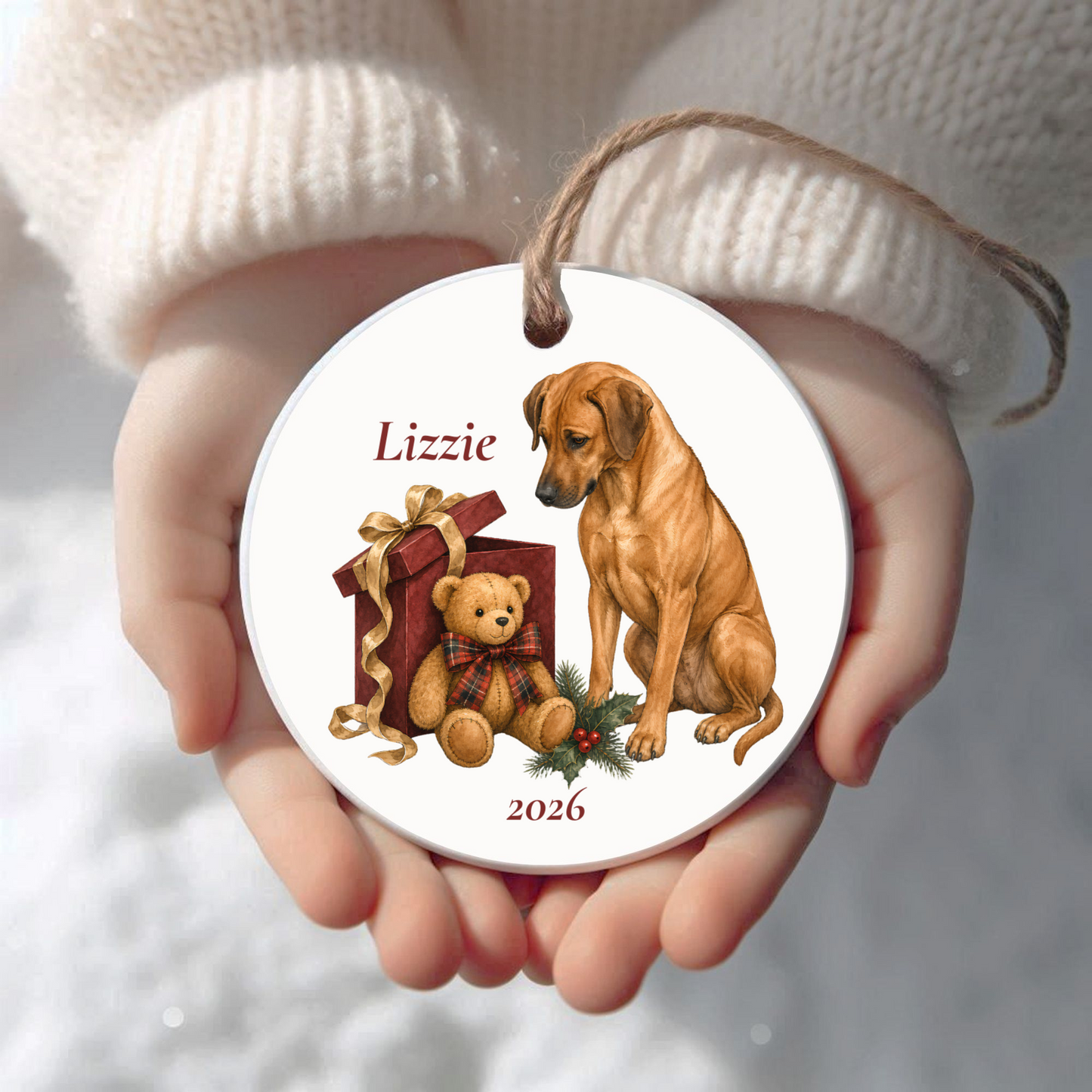 Personalized Rhodesian Ridgeback Christmas ornament held in cupped hands