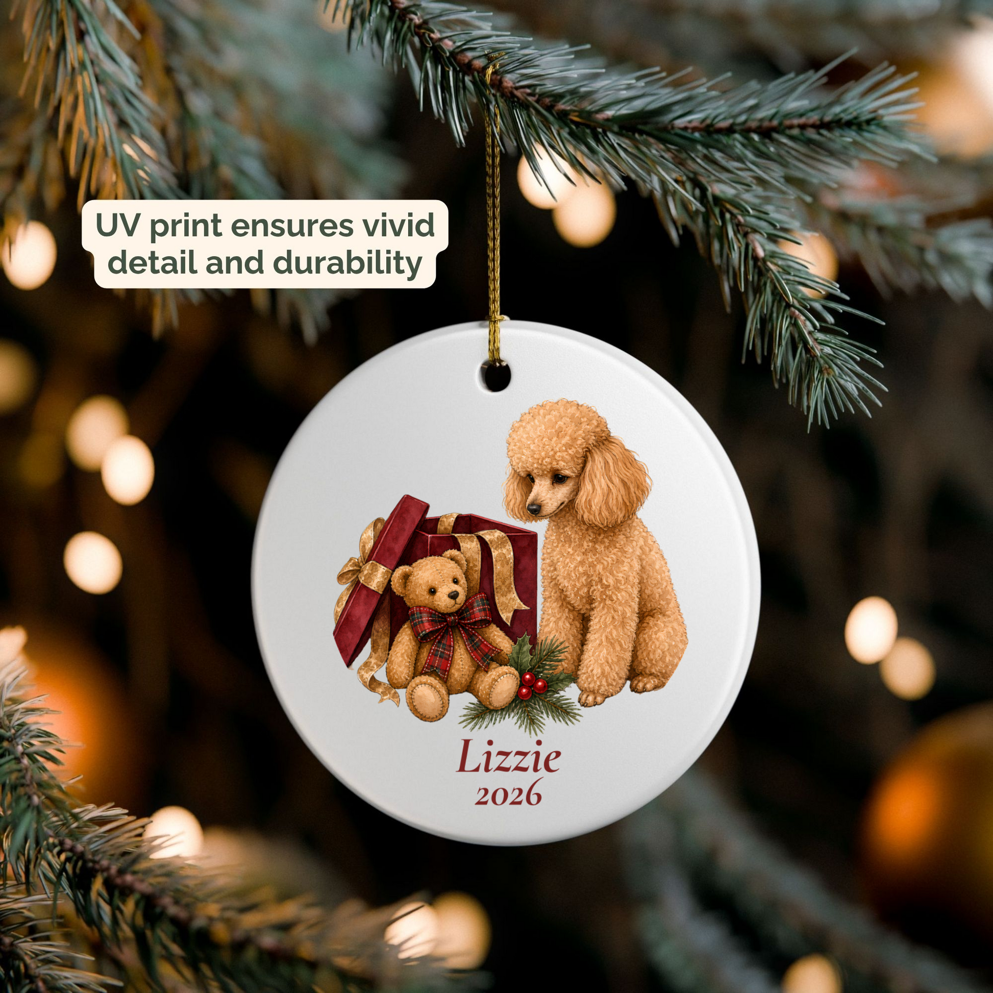 Personalized Miniature Poodle (Apricot) ornament hanging on a lit Christmas tree