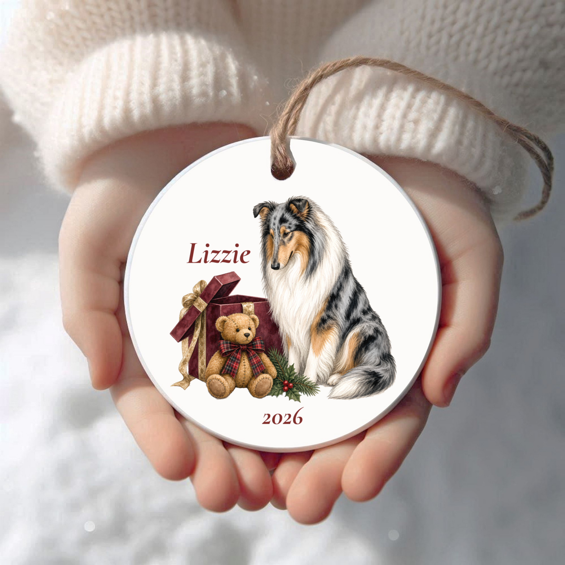 Personalized Rough Collie (Blue Merle) Christmas ornament held in cupped hands