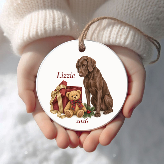 Personalized German Shorthaired Pointer (Liver) Bear Necessities Christmas ornament held in cupped hands
