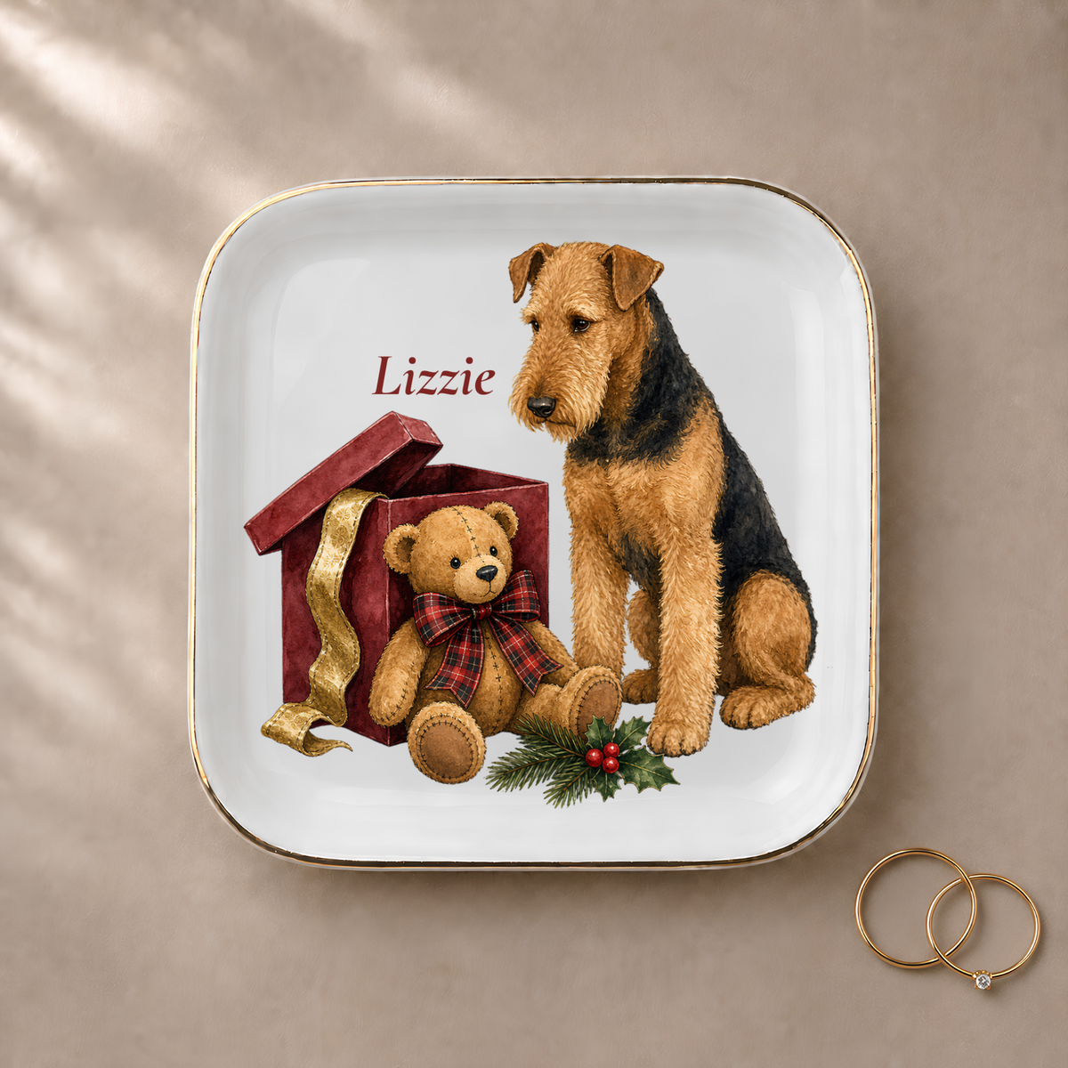 Airedale Terrier (Sitting) Bear Necessities jewelry dish styled with gold rings and a personalized name