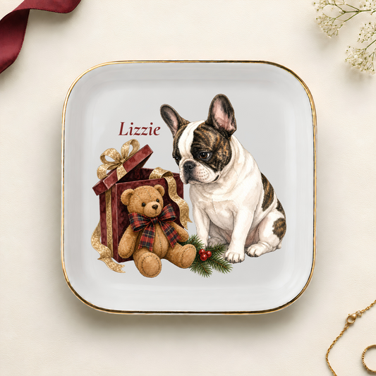 Personalized French Bulldog Christmas jewelry dish with gold rim