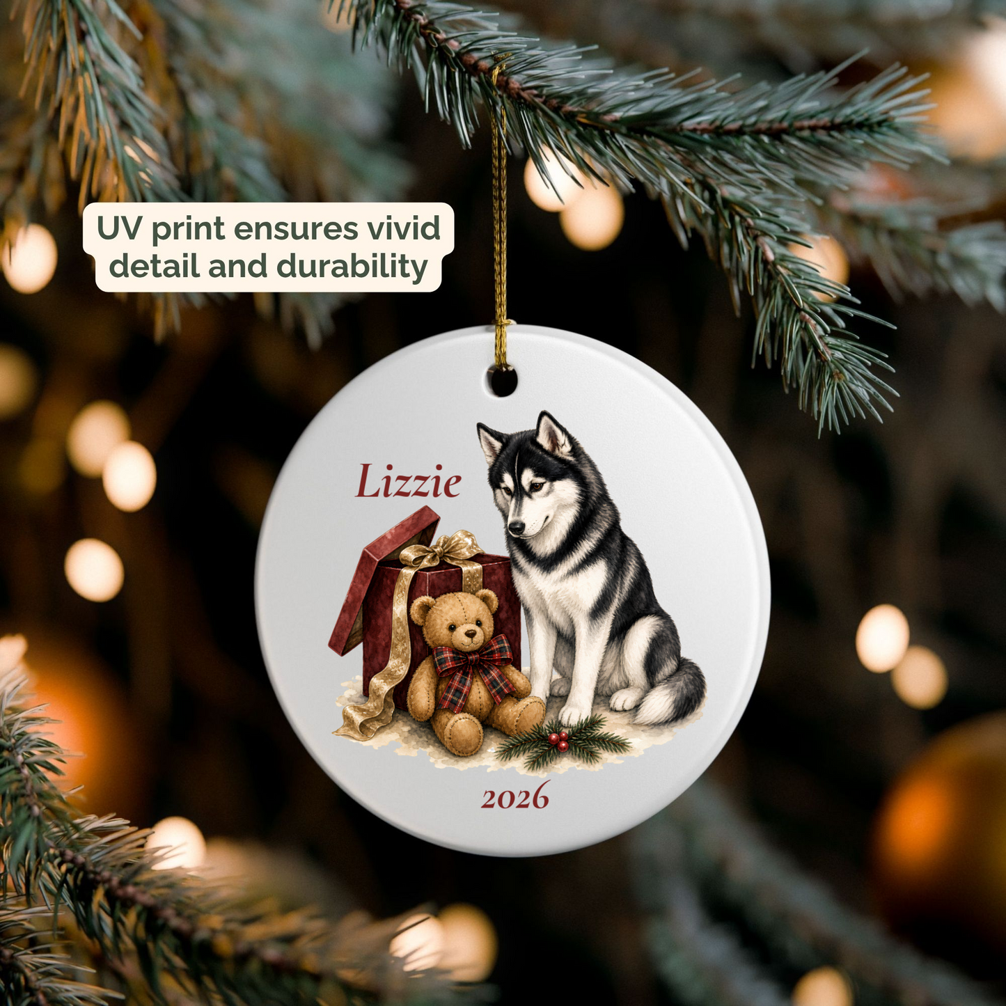 Personalized Siberian Husky ornament hanging on a lit Christmas tree