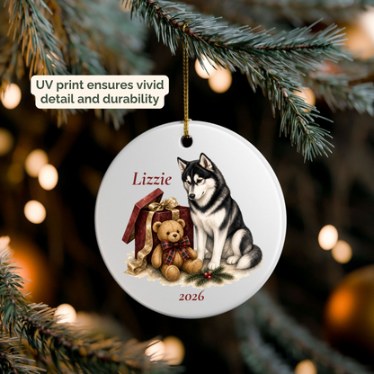 Personalized Siberian Husky ornament hanging on a lit Christmas tree