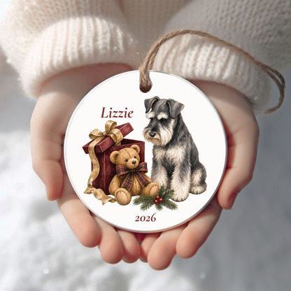 Personalized Miniature Schnauzer Christmas ornament held in cupped hands