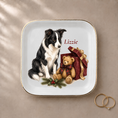 Border Collie jewelry dish styled with gold rings and a personalized name