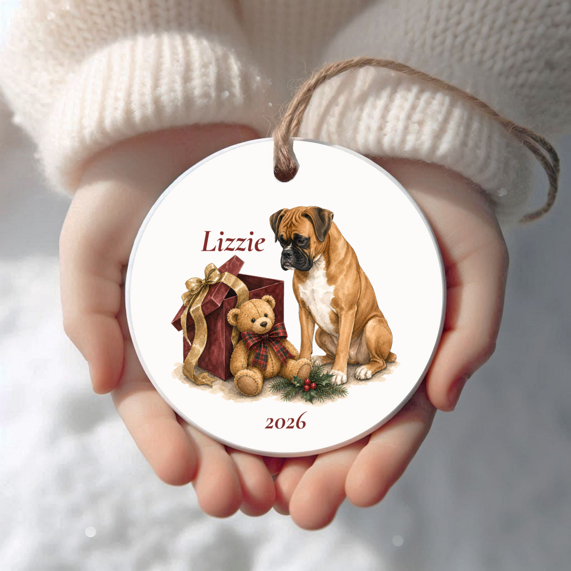 Personalized Boxer Christmas ornament held in cupped hands