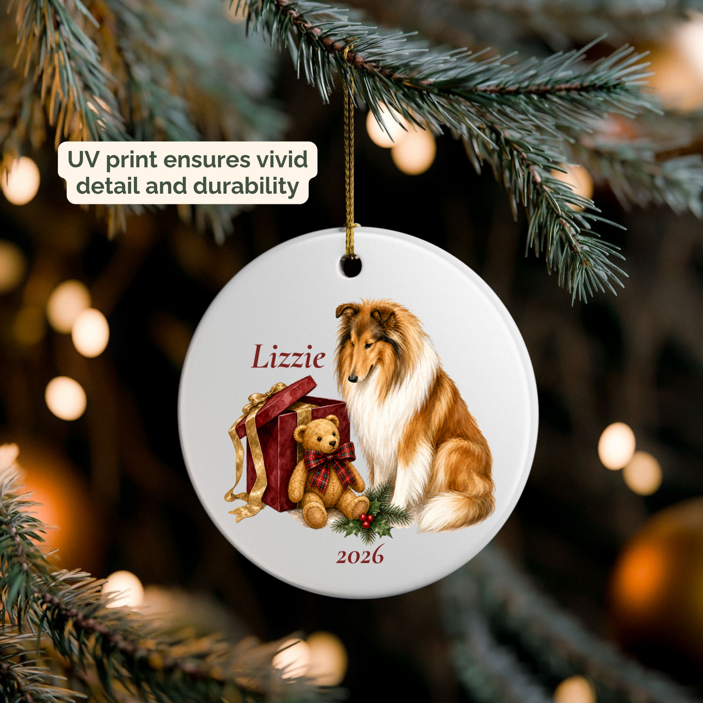 Personalized Rough Collie ornament hanging on a lit Christmas tree