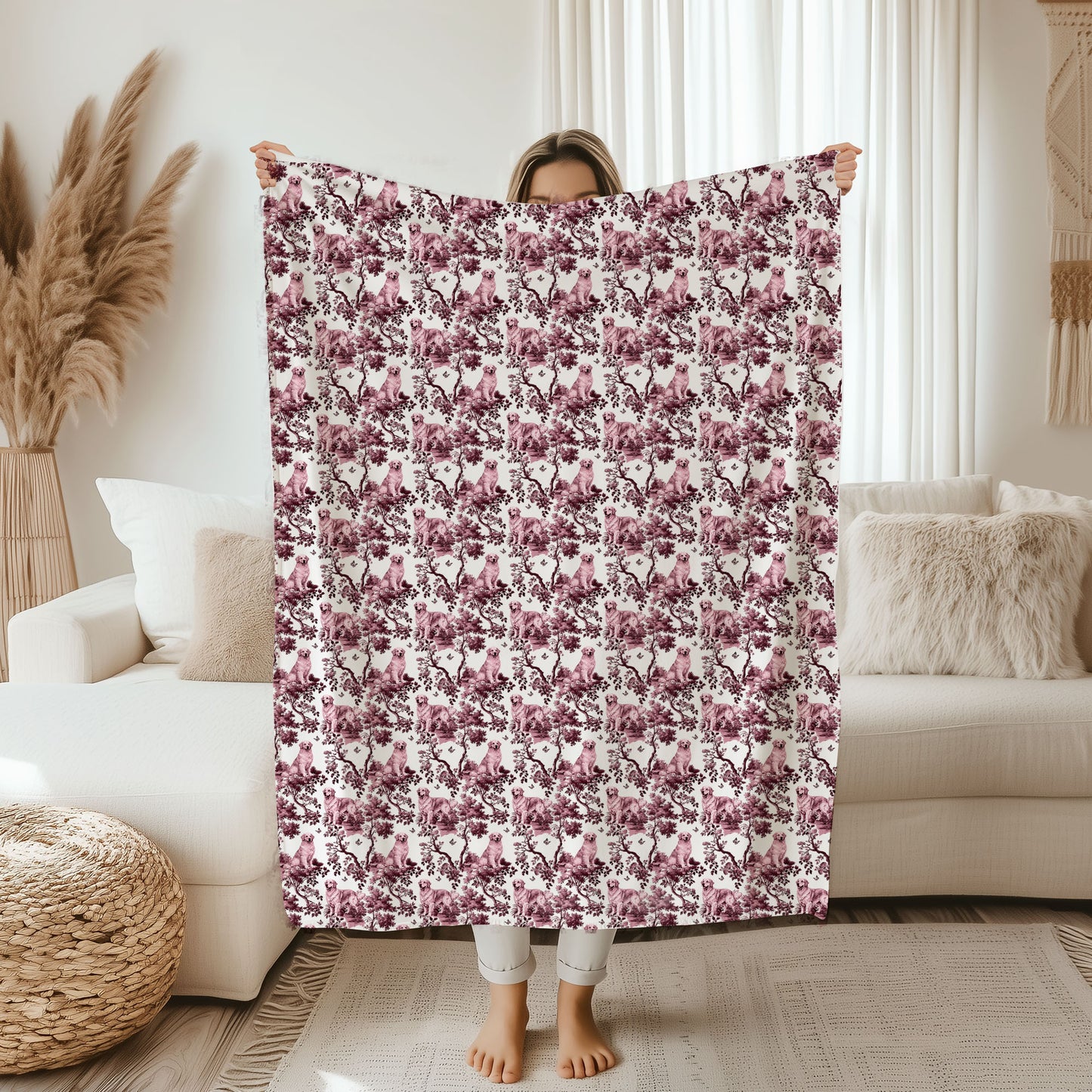 Golden Retriever Blanket - Red Toile Pattern