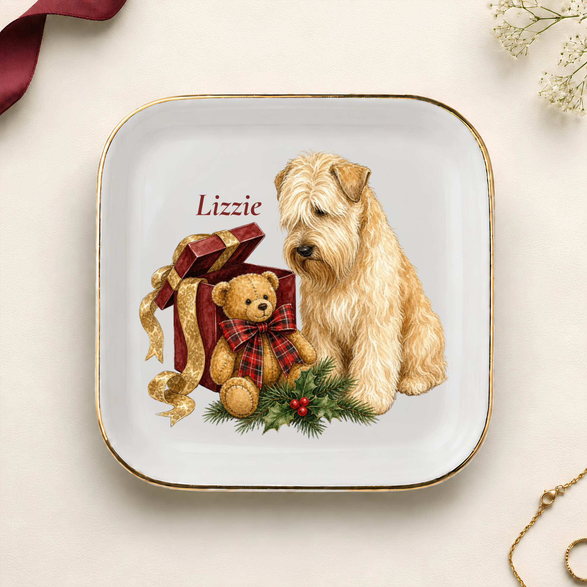 Personalized Wheaten Terrier Christmas jewelry dish with gold rim
