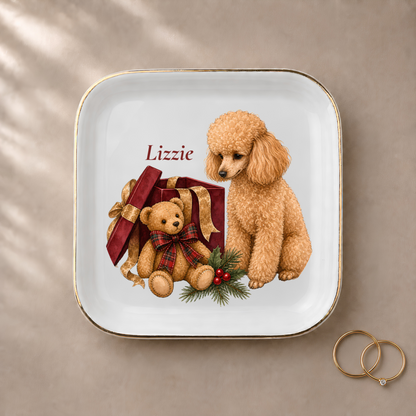 Miniature Poodle jewelry dish styled with gold rings and a personalized name