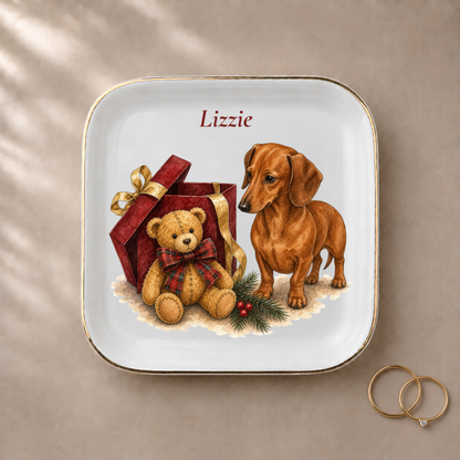 Dachshund jewelry dish styled with gold rings and a personalized name