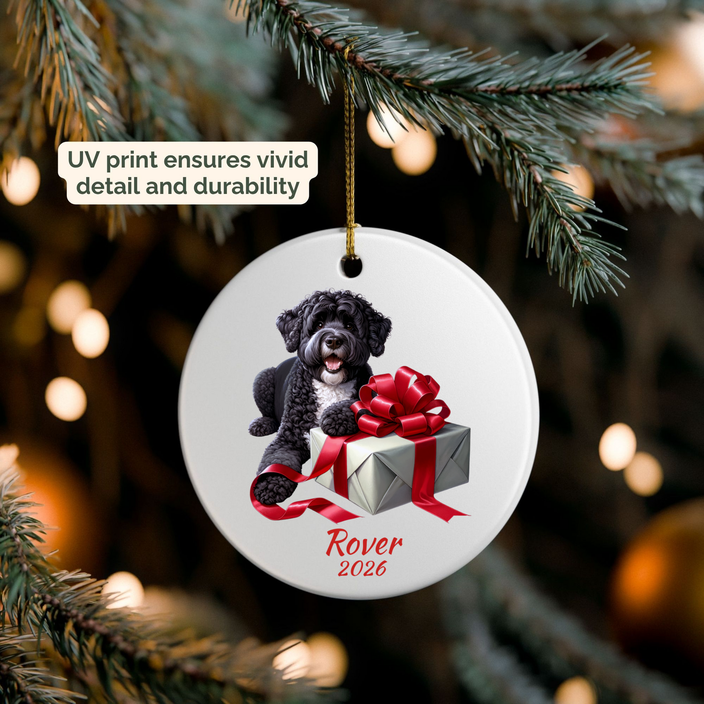 Personalized Portuguese Water Dog ornament hanging on a lit Christmas tree