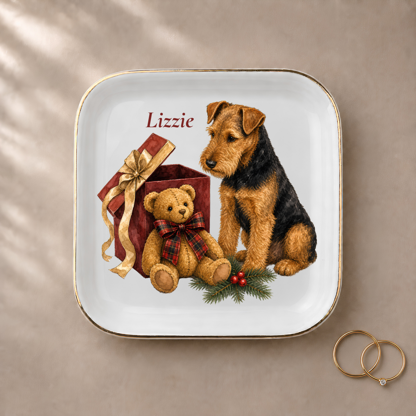 Welsh Terrier jewelry dish styled with gold rings and a personalized name