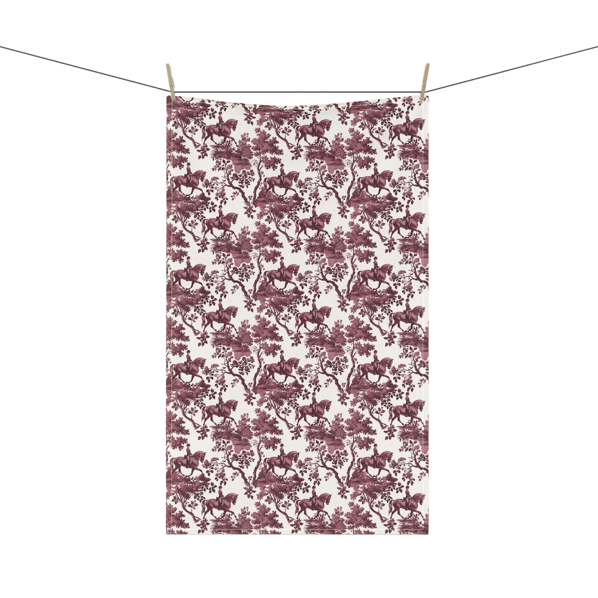Dressage Horse Tea Towel with cranberry toile design, hanging from a clothesline, showing the full repeating design.