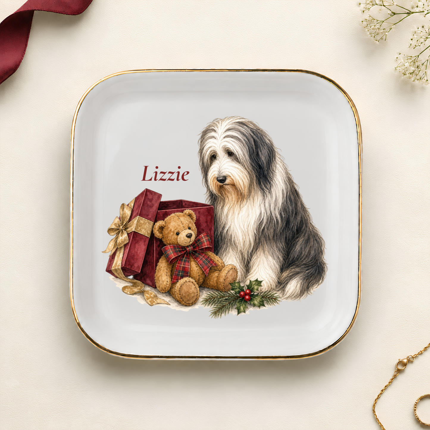 Personalized Bearded Collie Christmas jewelry dish with gold rim
