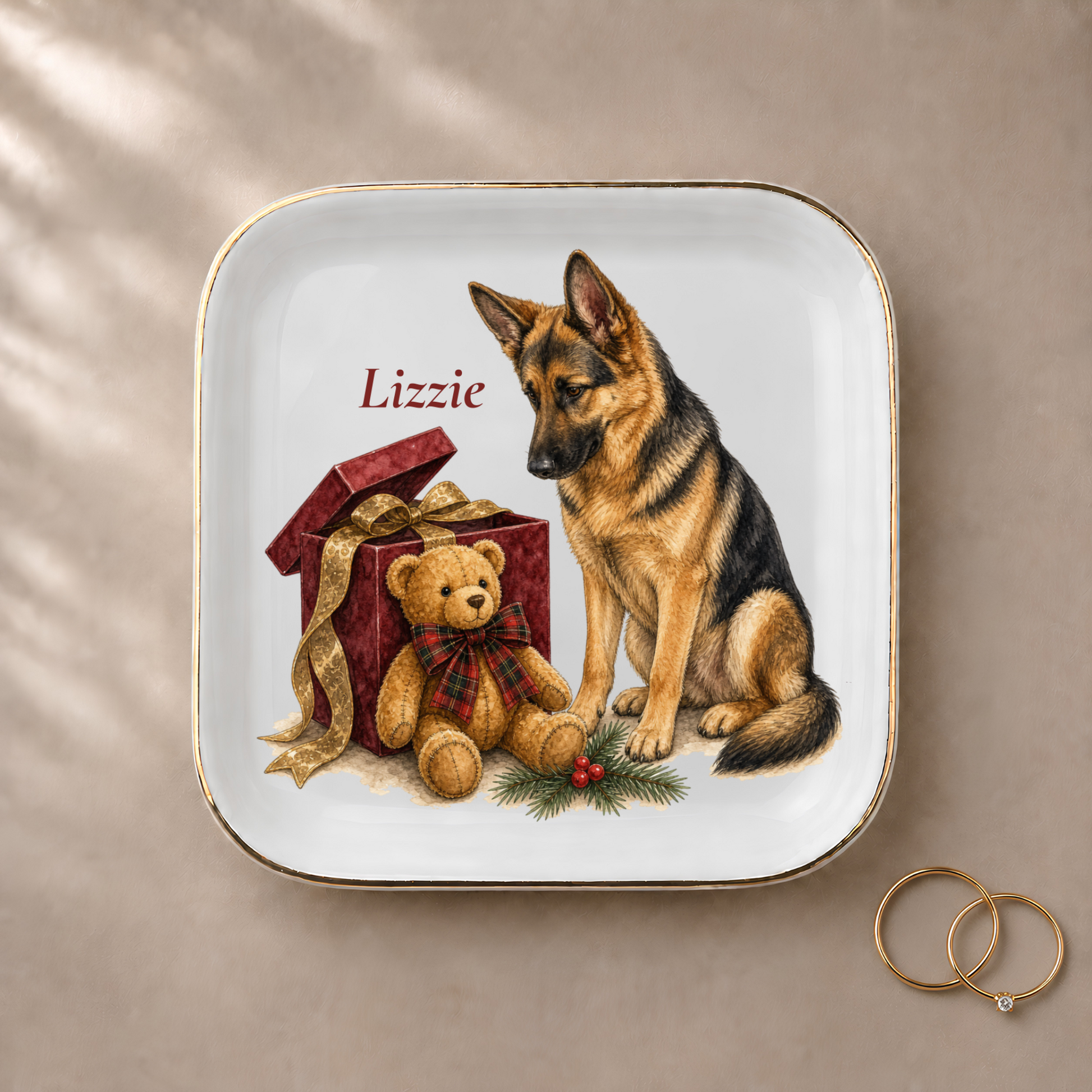 German Shepherd jewelry dish styled with gold rings and a personalized name