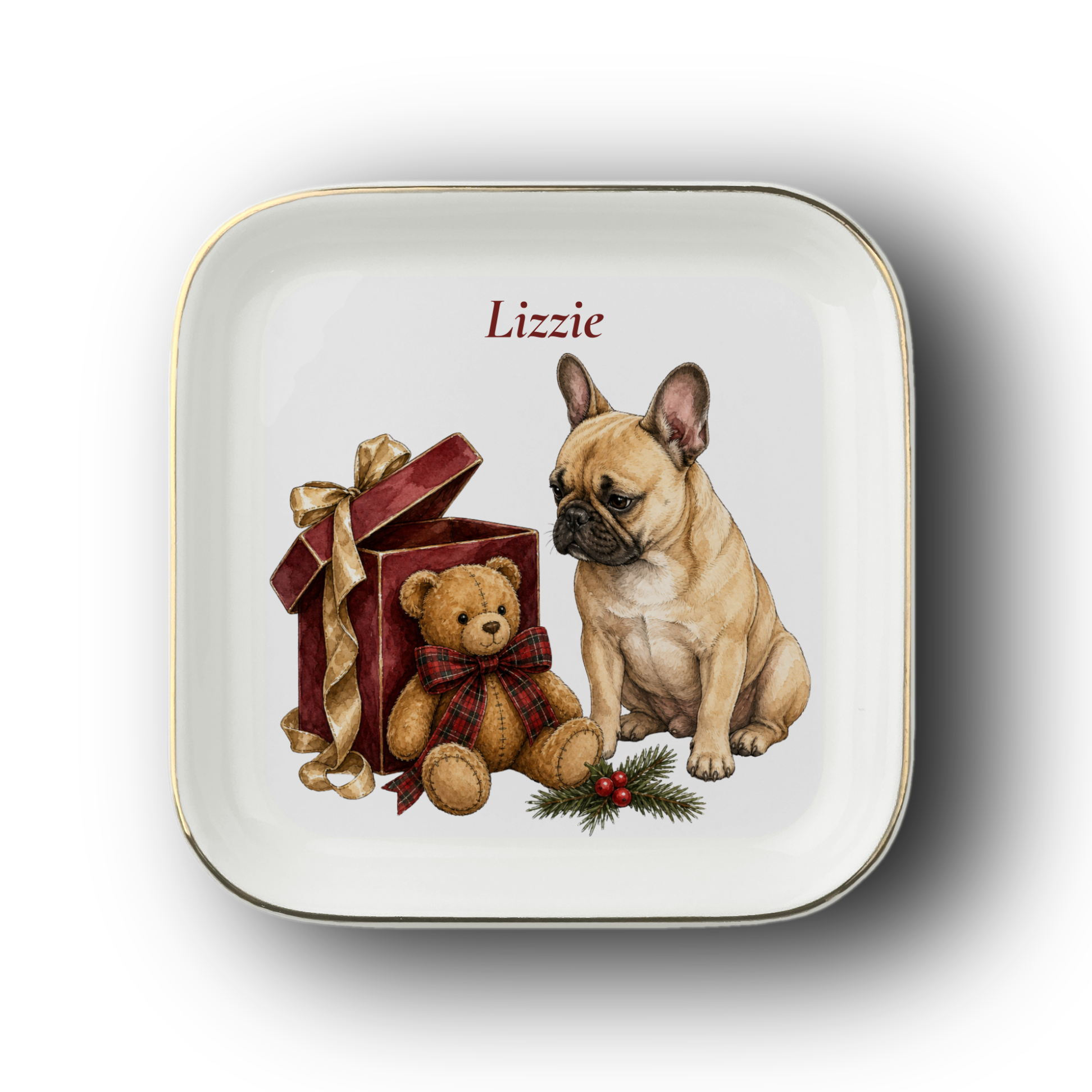 French Bulldog jewelry dish on a white background