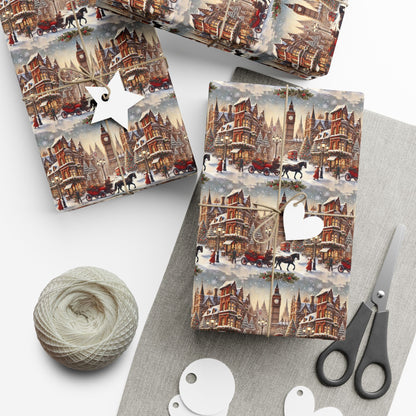 Vintage London horse and carriage Christmas wrapping paper