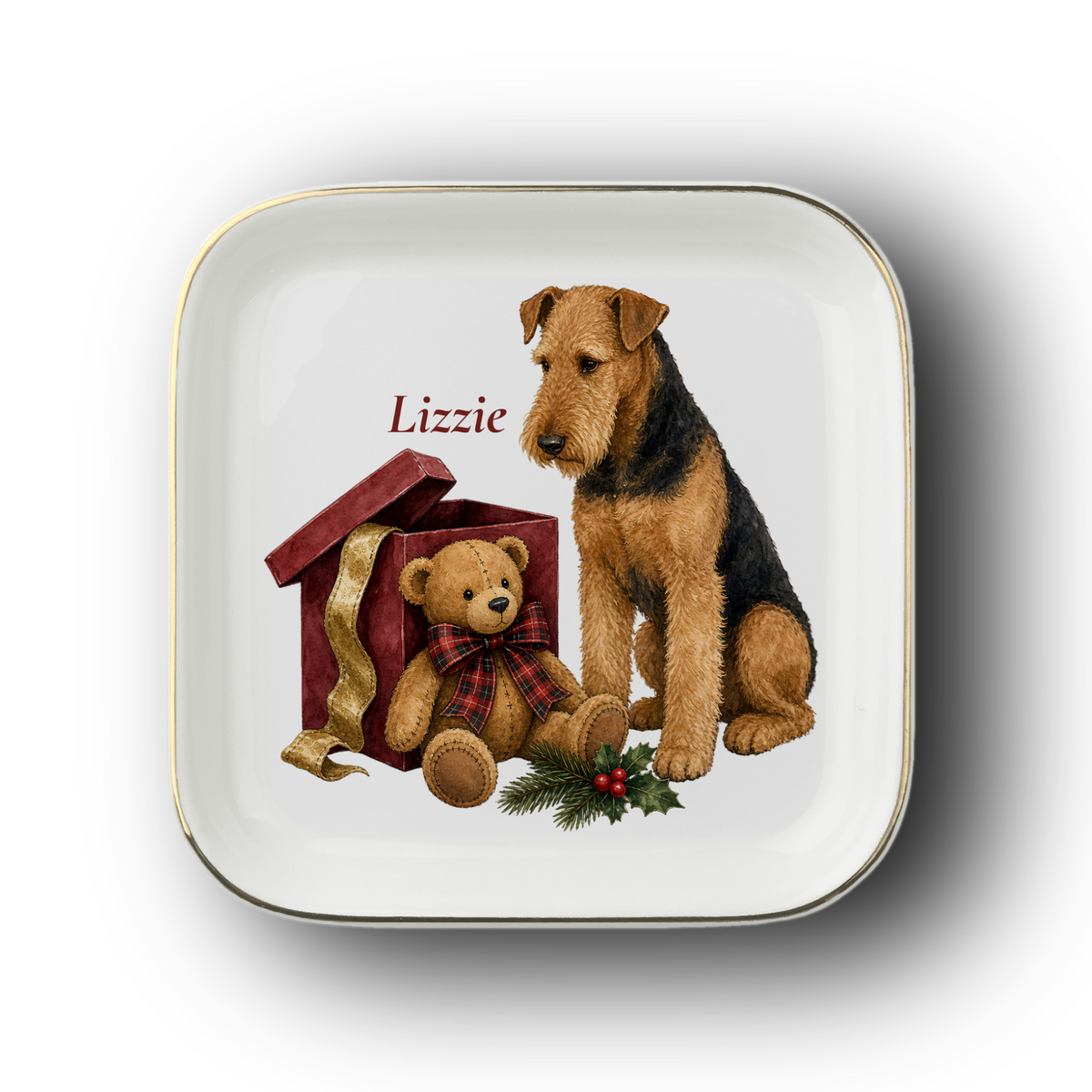 Airedale Terrier (Sitting) Bear Necessities jewelry dish on a white background