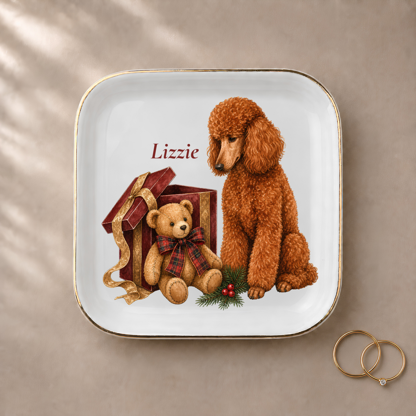 Standard Poodle jewelry dish styled with gold rings and a personalized name