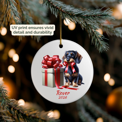 Personalized Wirehaired Dachshund ornament hanging on a lit Christmas tree
