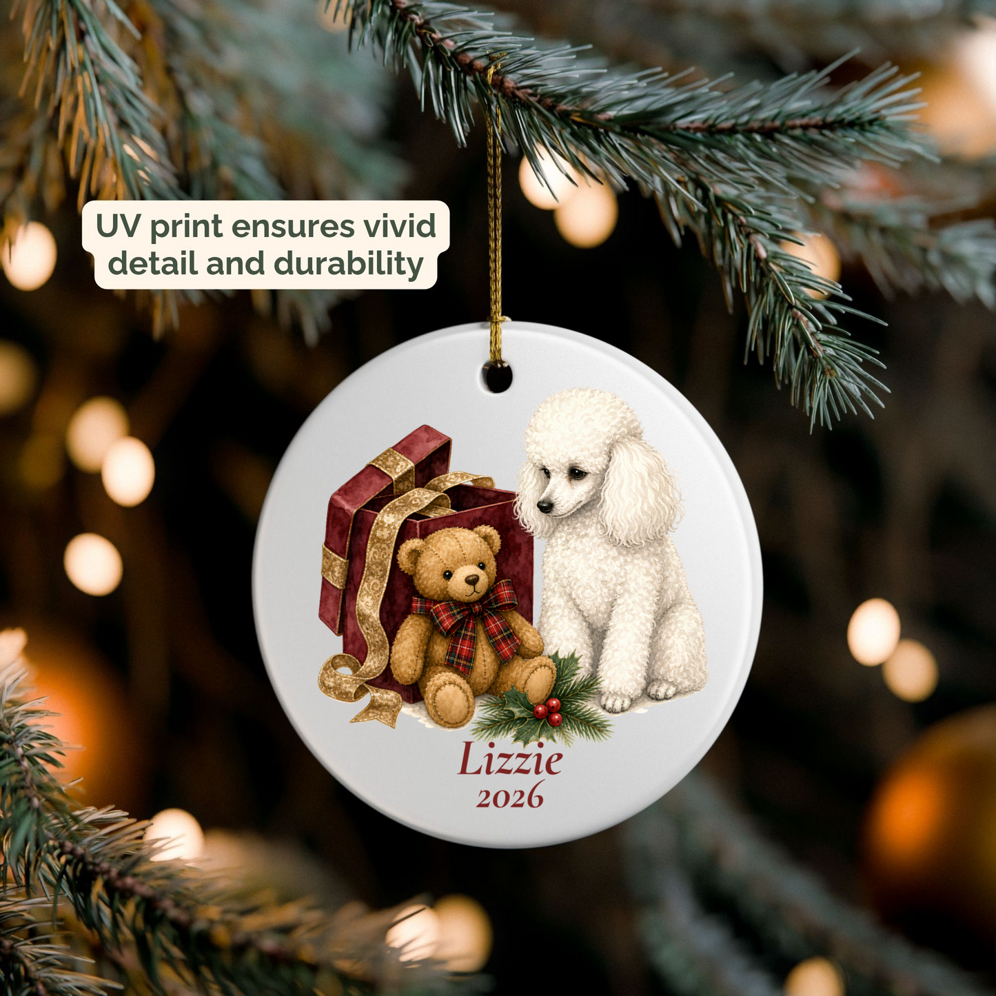 Personalized Miniature Poodle ornament hanging on a lit Christmas tree