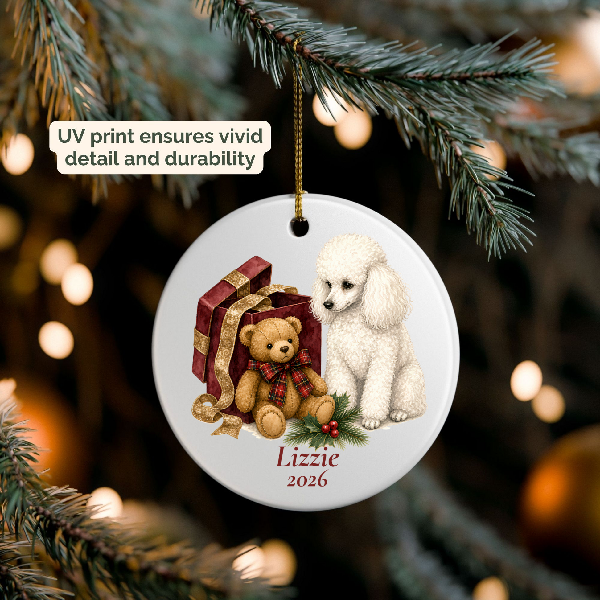 Personalized Miniature Poodle ornament hanging on a lit Christmas tree