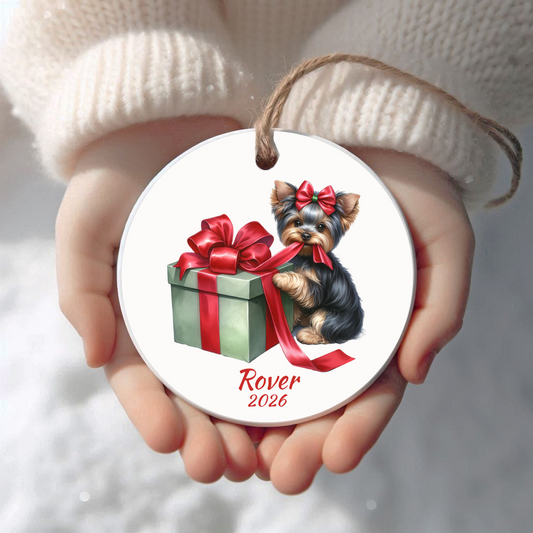 Personalized Yorkshire Terrier Christmas ornament held in cupped hands