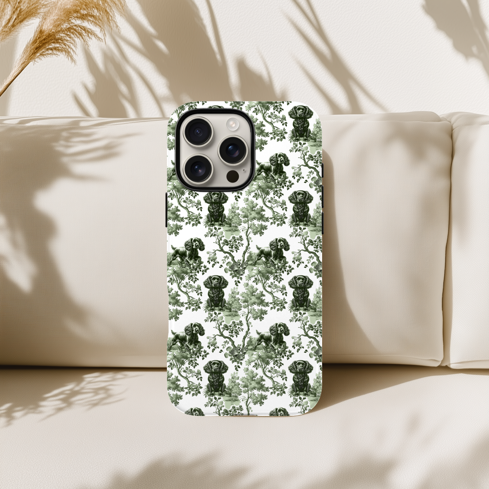 Sage green toile Boykin Spaniel phone case, product view