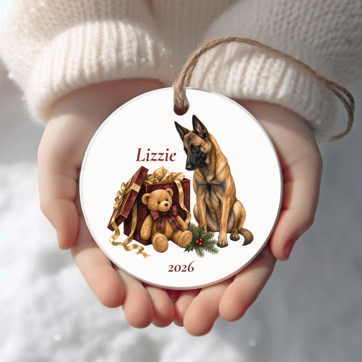 Personalized Belgian Malinois Christmas ornament held in cupped hands