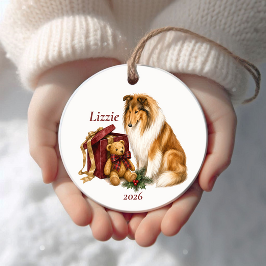 Personalized Rough Collie Christmas ornament held in cupped hands