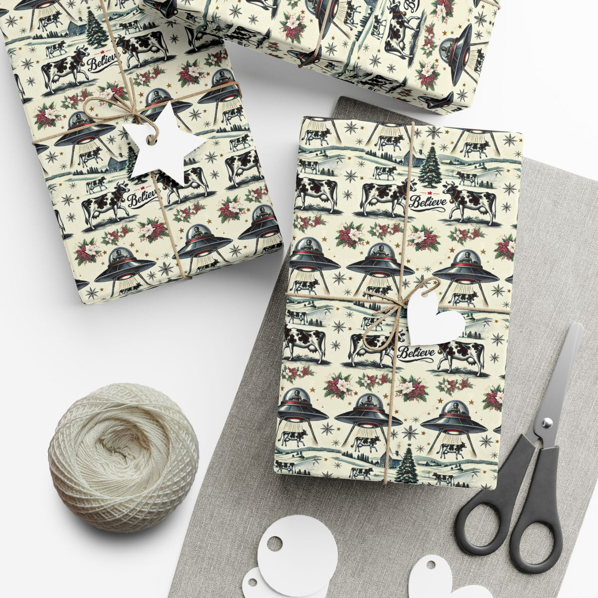 UFO Cow Abduction Christmas wrapping paper