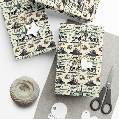 UFO Cow Abduction Christmas wrapping paper