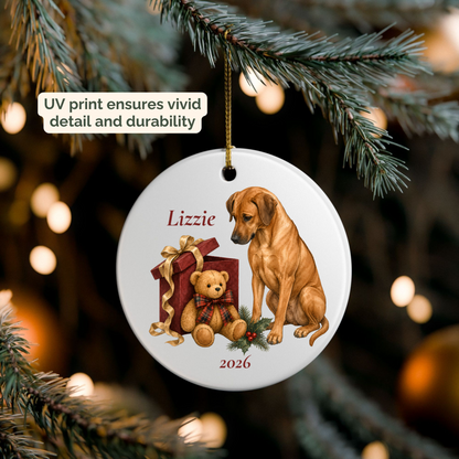 Personalized Rhodesian Ridgeback ornament hanging on a lit Christmas tree