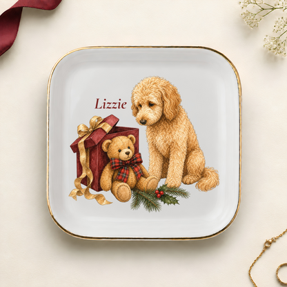 Personalized Goldendoodle Christmas jewelry dish with gold rim