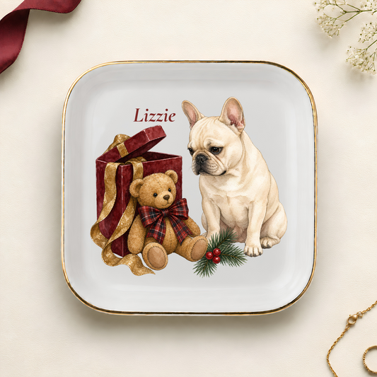 Personalized French Bulldog Christmas jewelry dish with gold rim