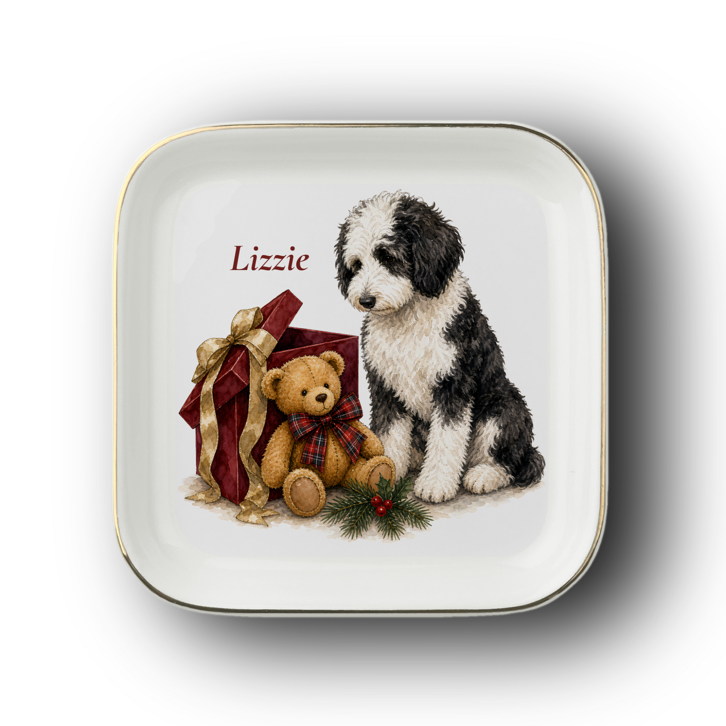 Sheepadoodle jewelry dish on a white background