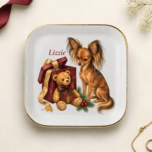 Personalized Russian Toy Christmas jewelry dish with gold rim