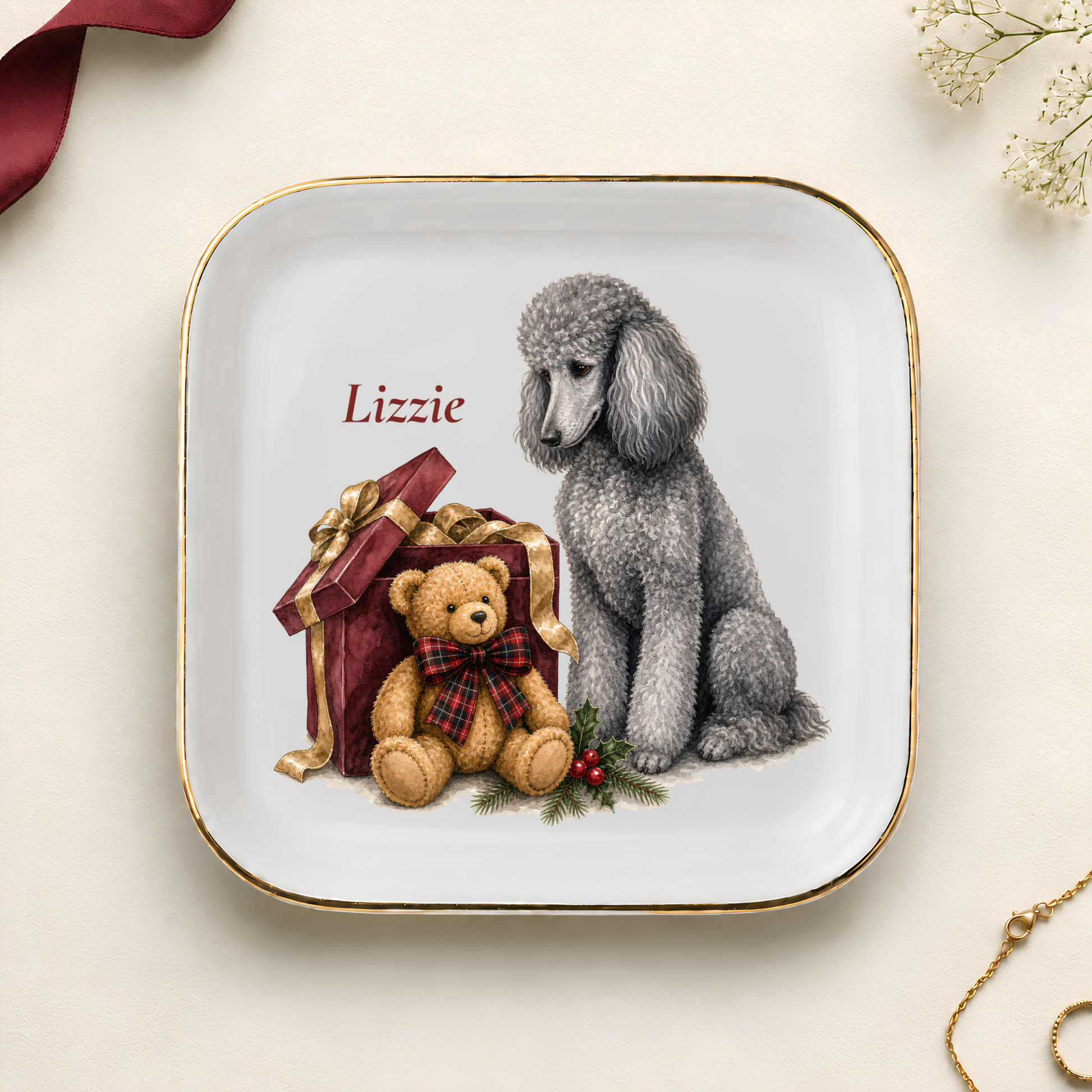Personalized Standard Poodle Christmas jewelry dish with gold rim