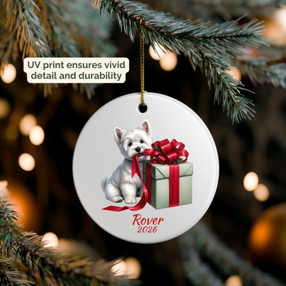 Personalized West Highland Terrier ornament hanging on a lit Christmas tree