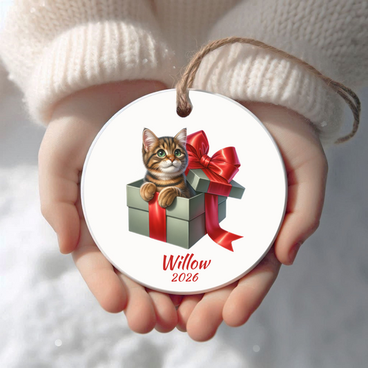 Personalized Tabby Cat Christmas ornament held in cupped hands