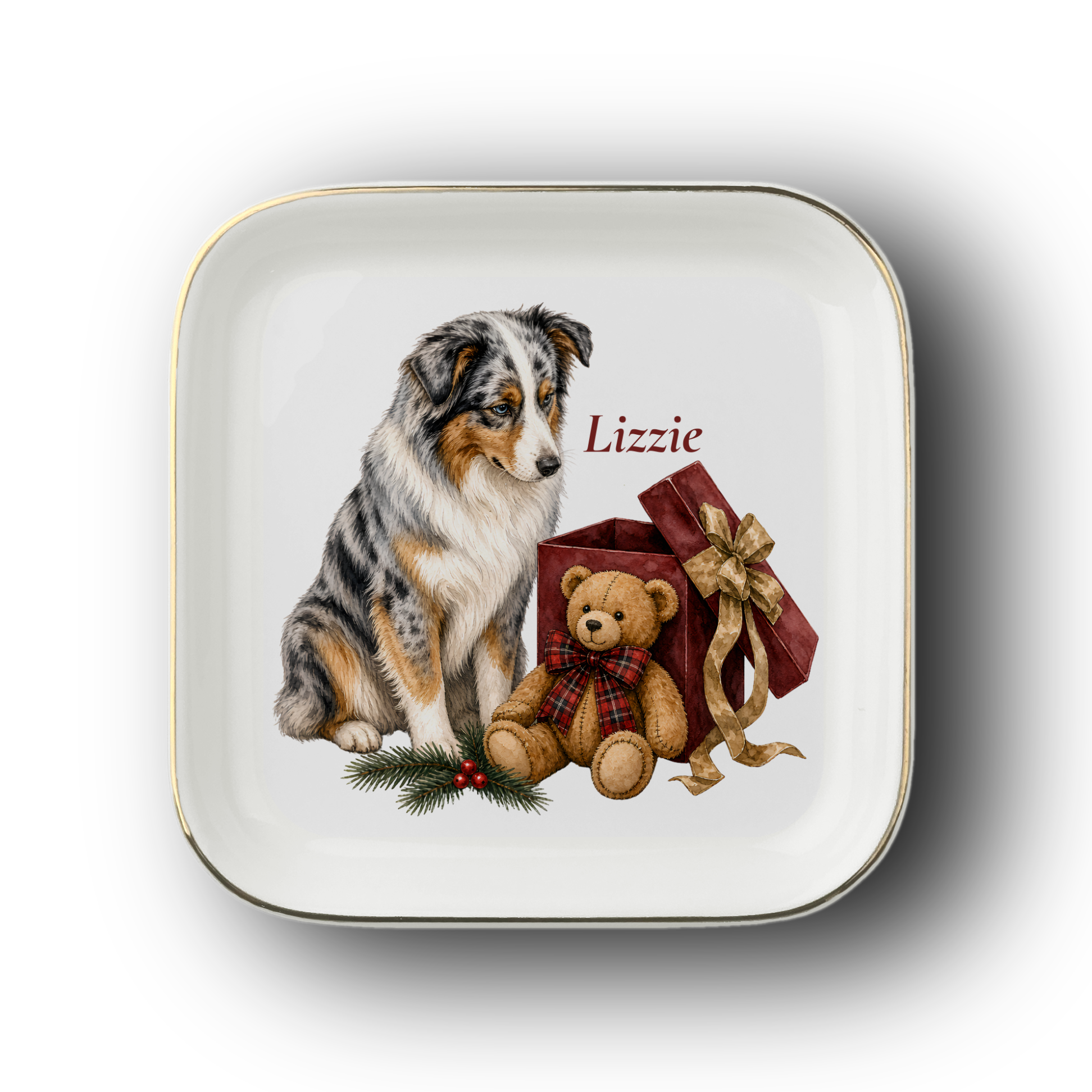Australian Shepherd jewelry dish on a white background