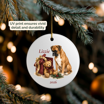 Personalized Boxer ornament hanging on a lit Christmas tree