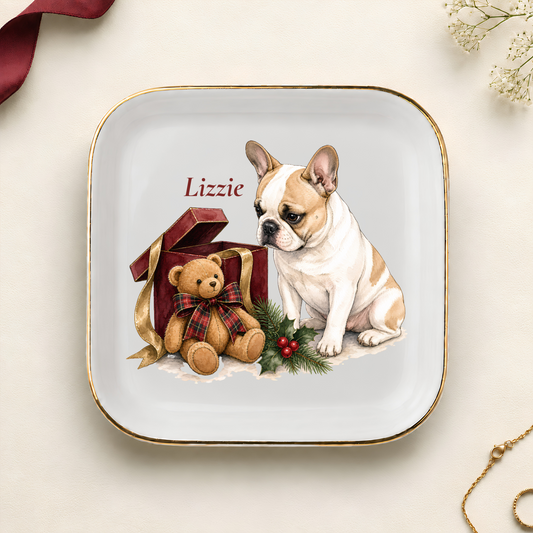 Personalized French Bulldog Christmas jewelry dish with gold rim