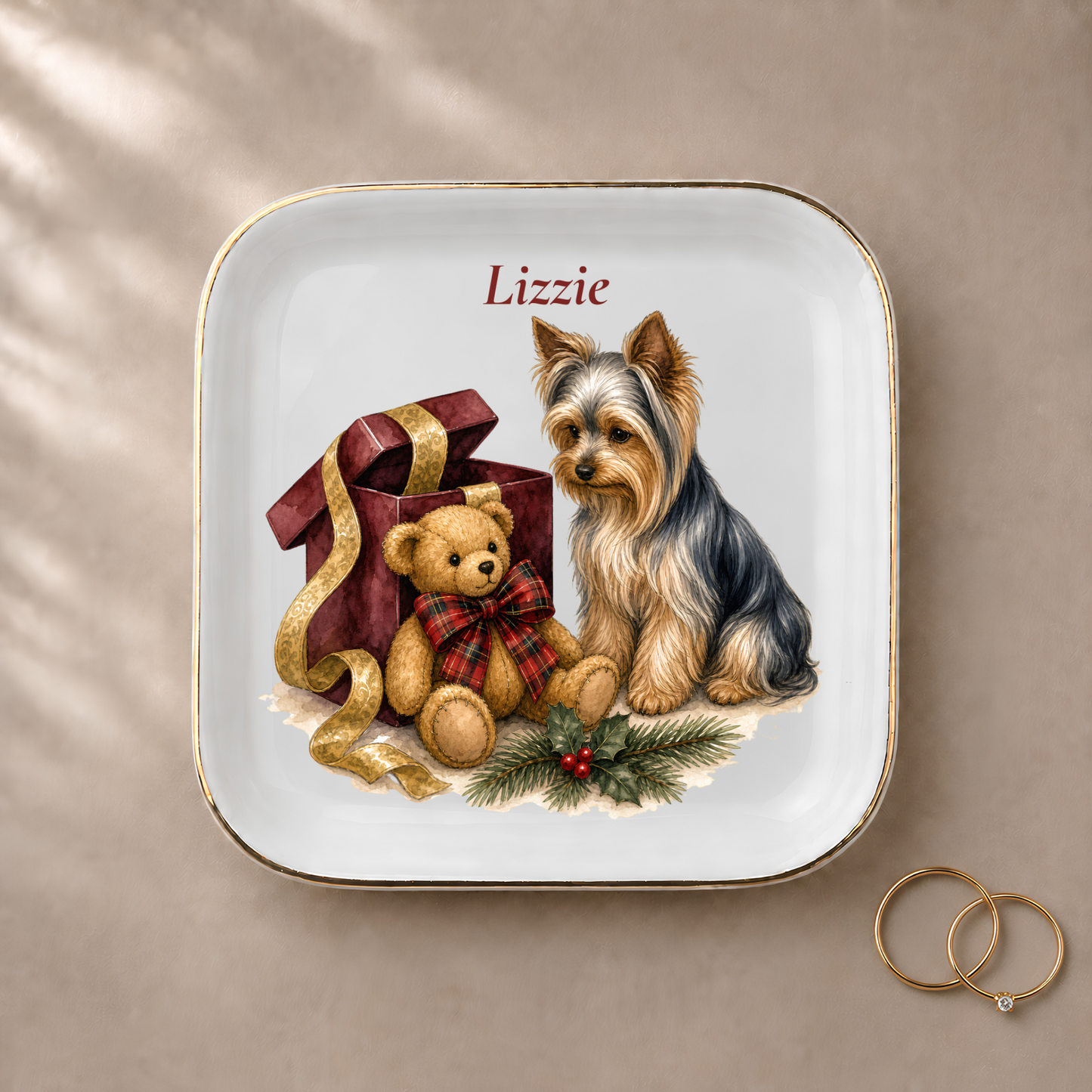 Yorkshire Terrier jewelry dish styled with gold rings and a personalized name