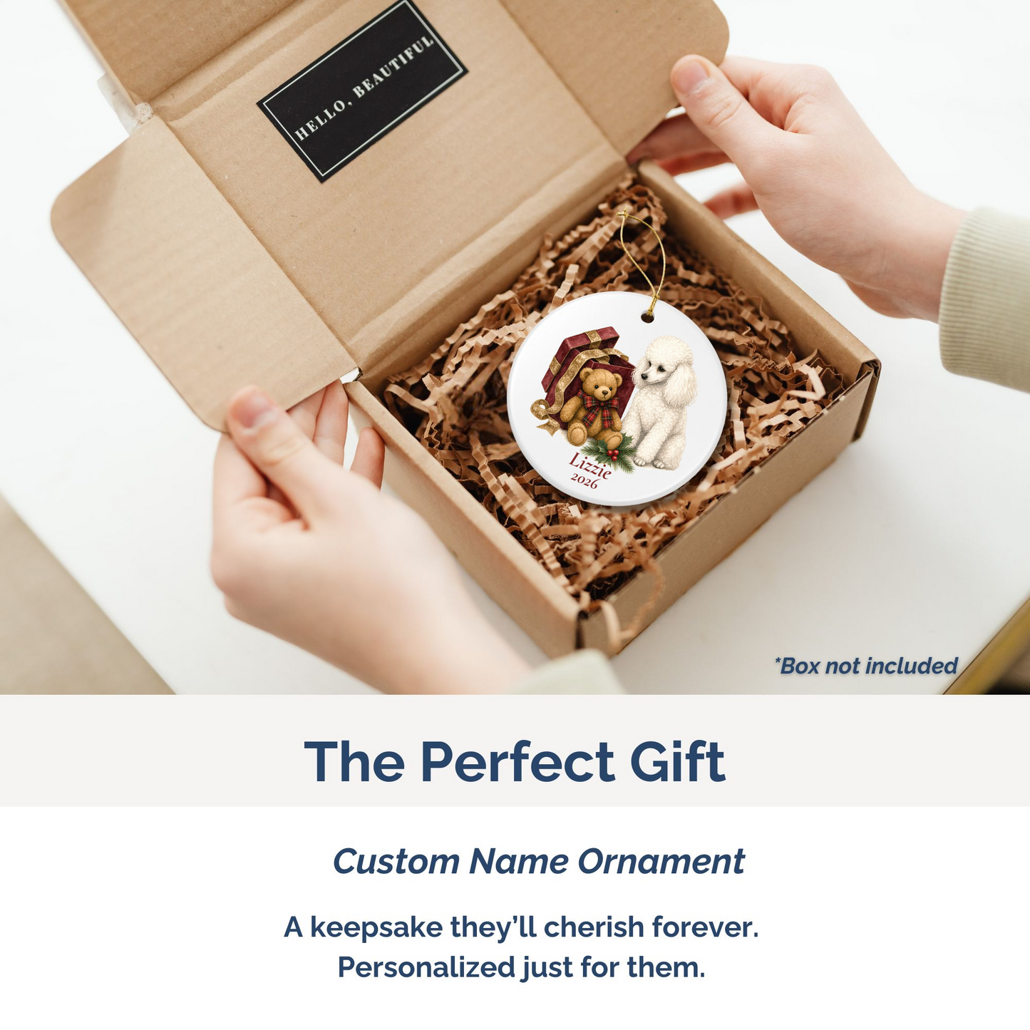Miniature Poodle personalized ornament packed in a gift mailer box