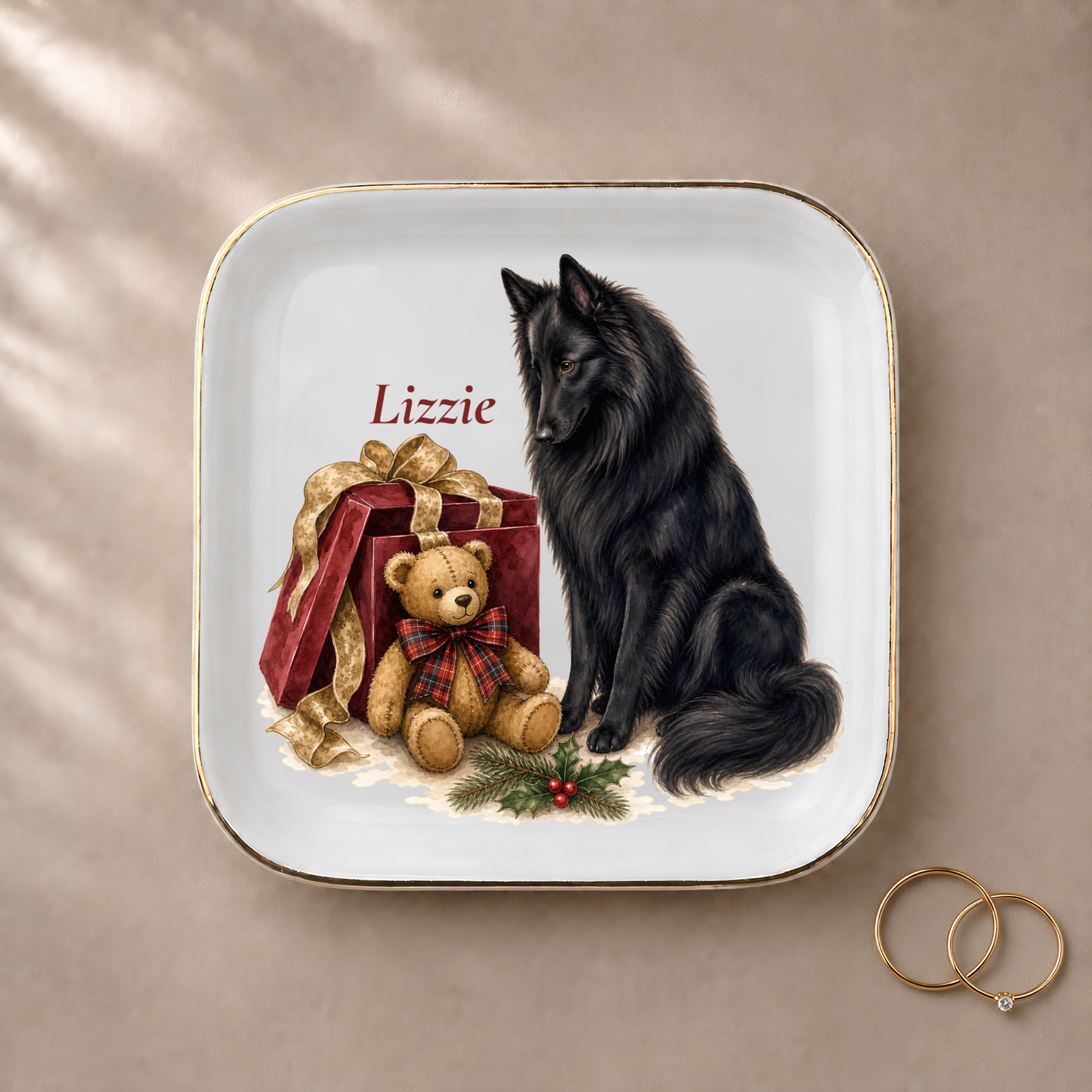 Belgian Sheepdog jewelry dish styled with gold rings and a personalized name