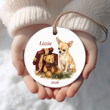 Personalized Chihuahua (Fawn) Christmas ornament held in cupped hands