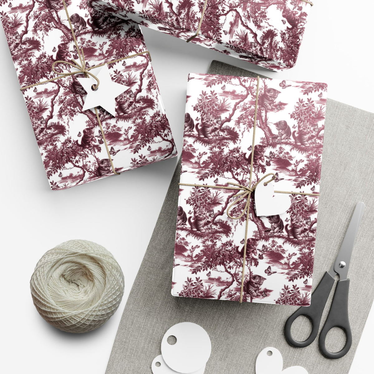 Cat cranberry garden toile Christmas wrapping paper